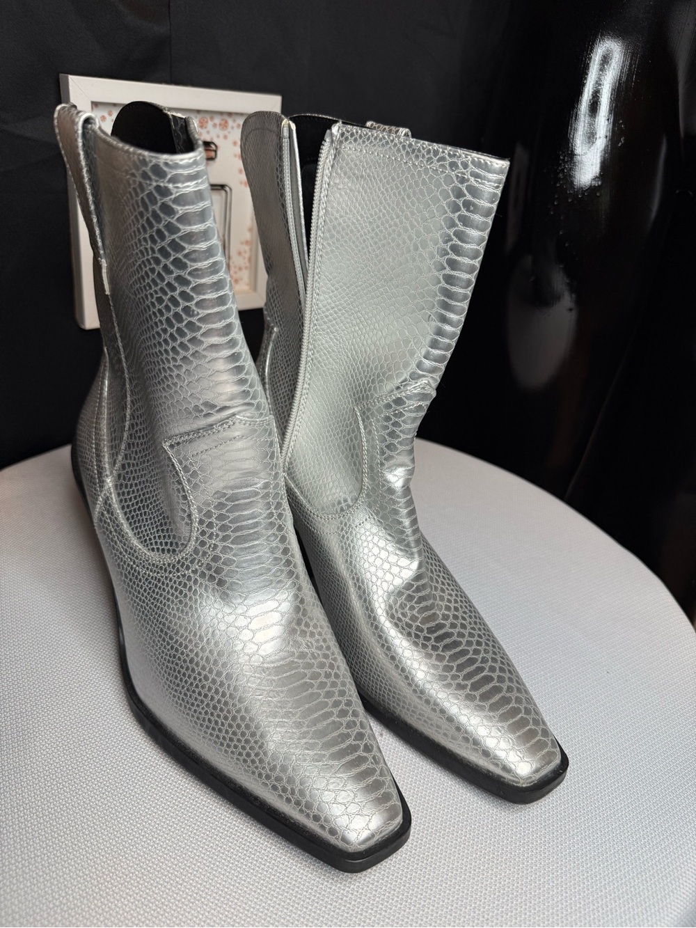 Women's Silver Textured Ankle Boots - Pointed Toe Heeled Booties-New